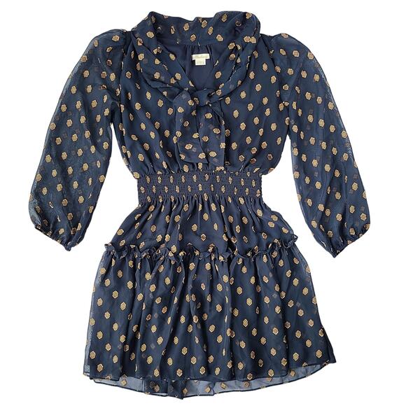 Shoshanna Dane Dress Womens Size 2 Long Puff Sleeve Semi-Sheer Black Navy Gold - Picture 4 of 15